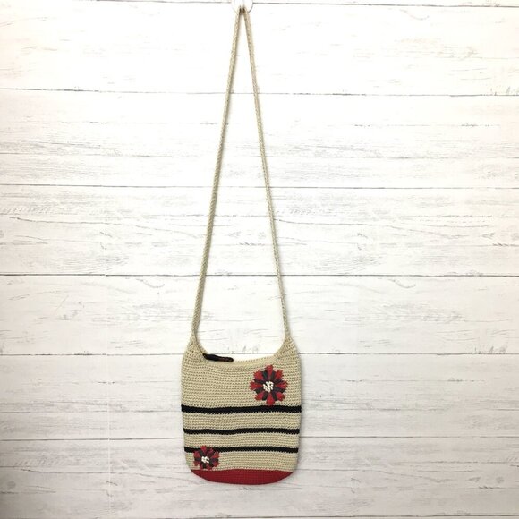 The Sak Ivory Crochet Crossbody Bag Blue Stripes Red Flowers Boho Hippie Purse - Picture 4 of 12